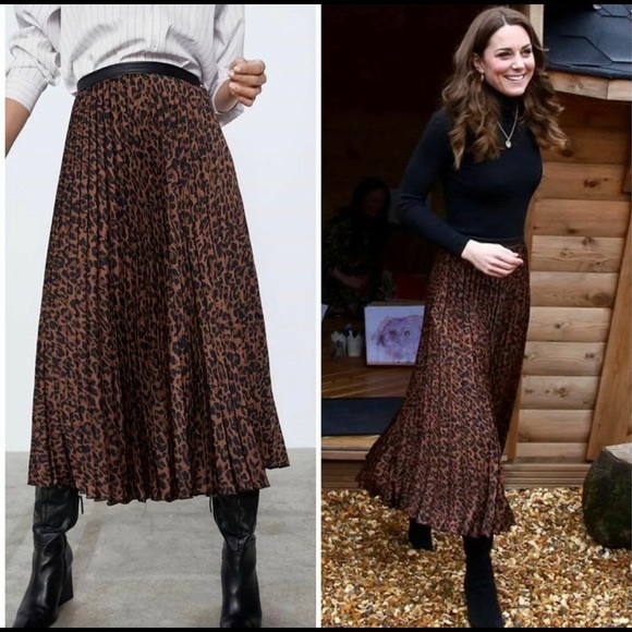 ZARA Pleated A-line Midi Skirt Animal Print - Picture 4 of 9